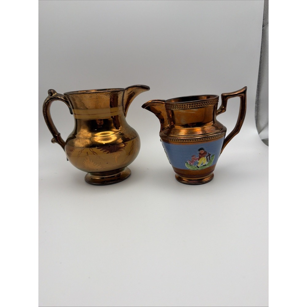 Antique Copper Luster Pitcher & Creamer Set English Staffordshire VTG